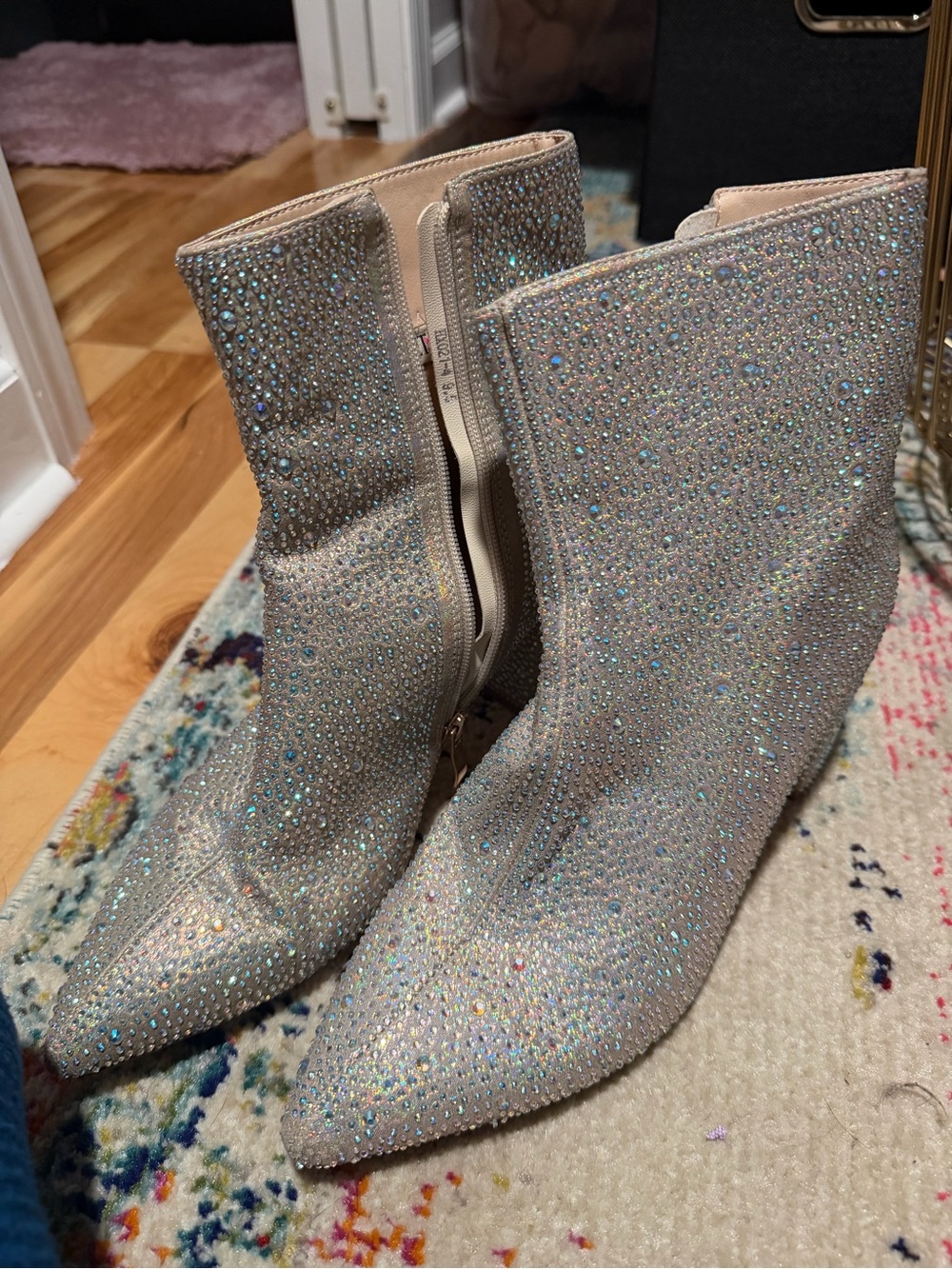 Silver Rhinestone Crystal Ankle Boots Pointed Toe Size 9.5